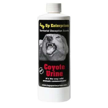 White bottle of Leg Up Enterprises coyote urine with black label and snarling coyote image for pest control and lawn care collections