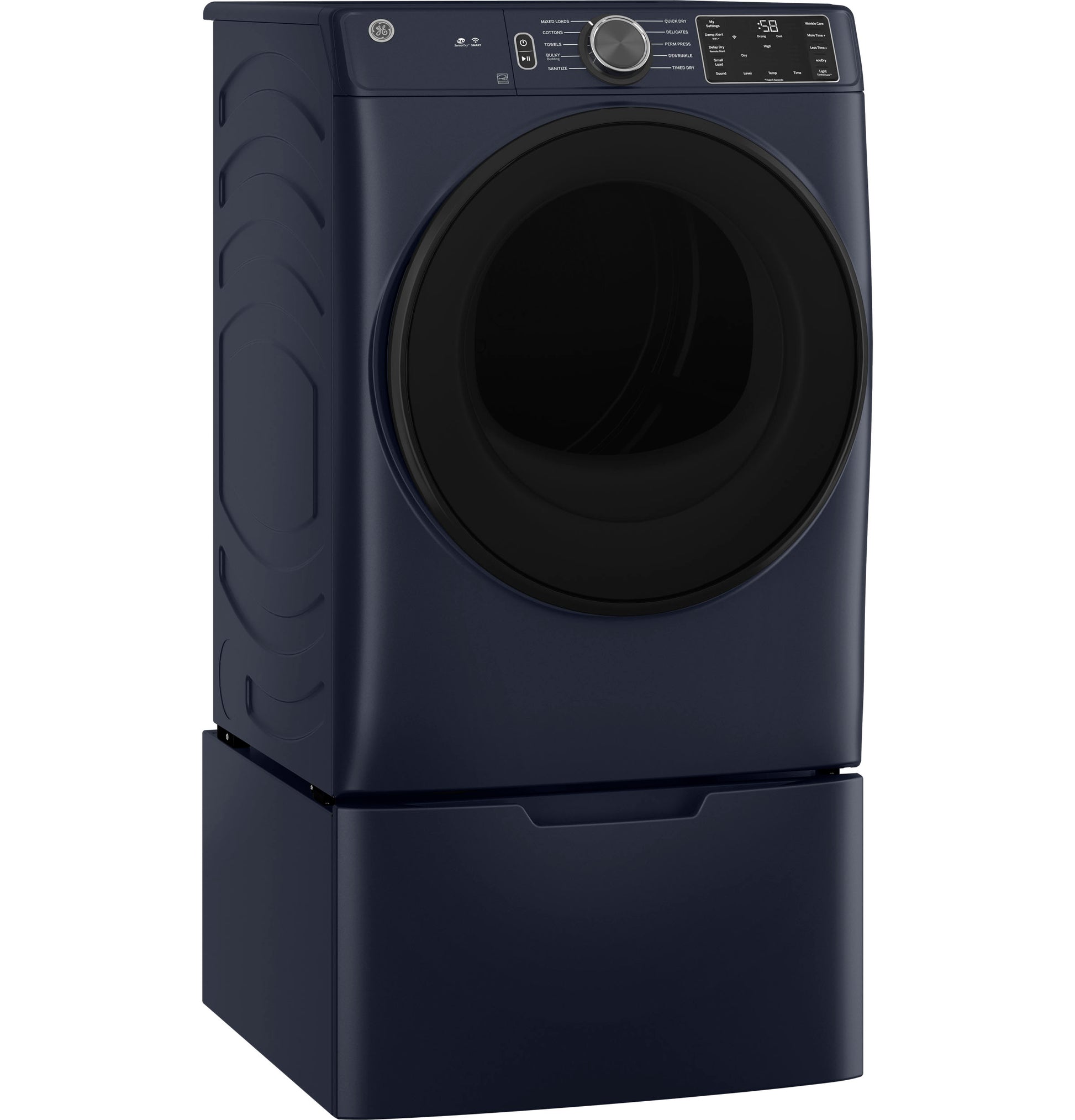Dark blue smart front load electric dryer with digital display and pedestal in Dryers and Appliances collection