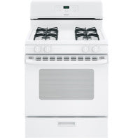 White free-standing 30-inch gas range with four burners and oven in kitchen appliances and gas ranges collection