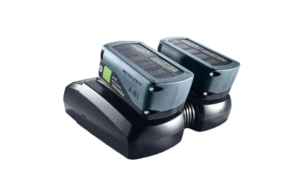 Dual 18V lithium-ion batteries resting on a black charging dock for power tool applications in home improvement tasks
