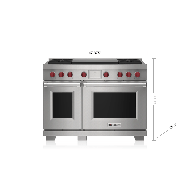Stainless steel dual fuel range with four burners, dual infrared griddle, and red knobs for home improvement use