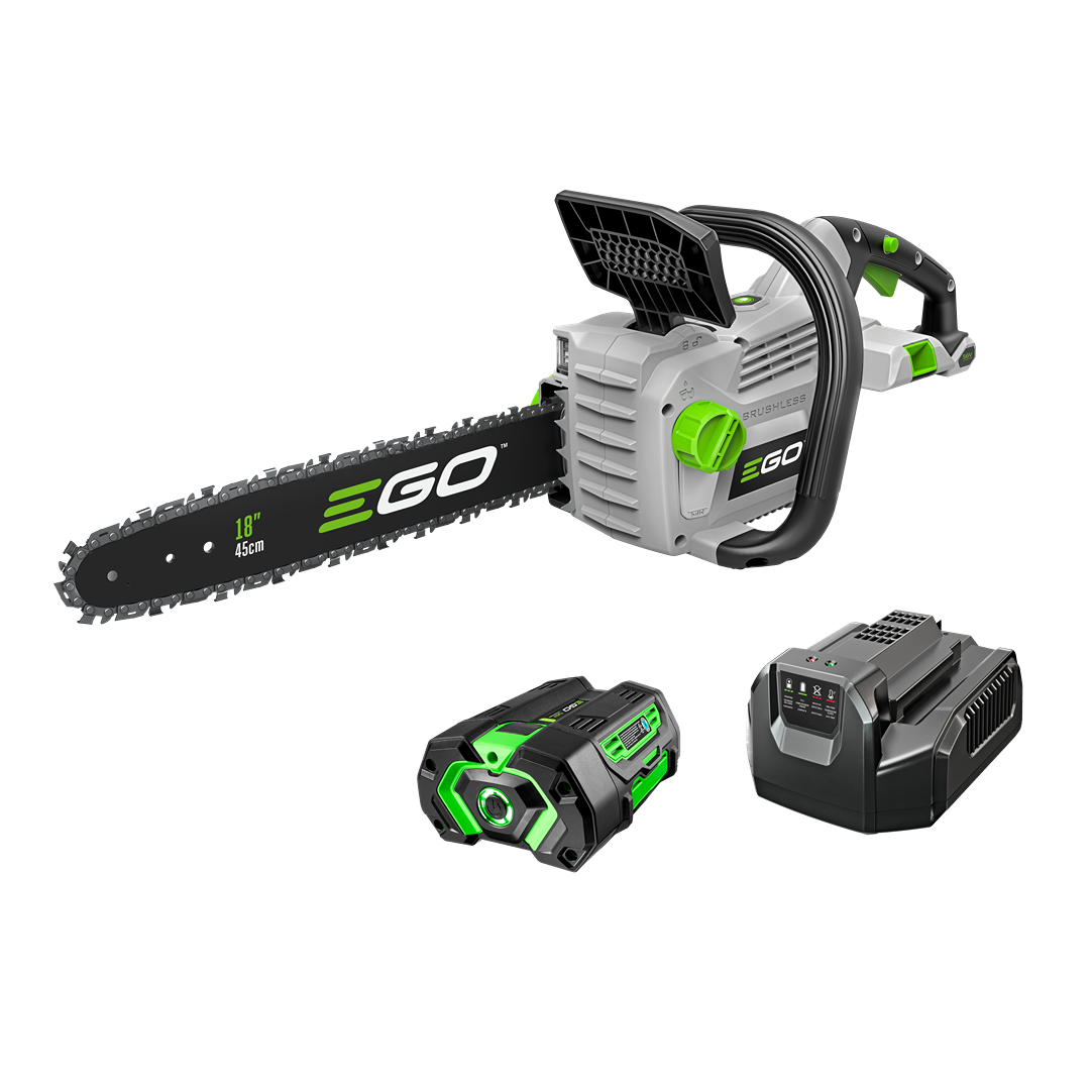 Cordless 18-inch chainsaw with battery and charger in gray and green for outdoor tools and home improvement tasks