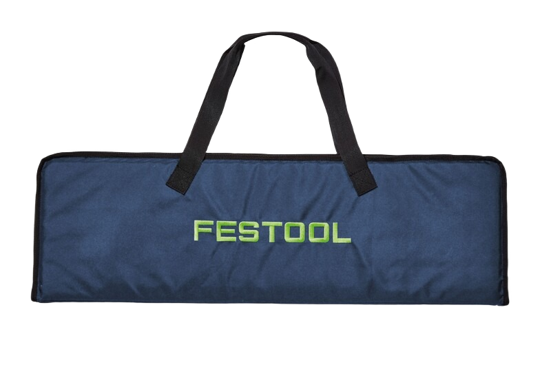 Blue Festool guide rail tote bag with shoulder straps for safe and convenient transport of woodworking tools accessories