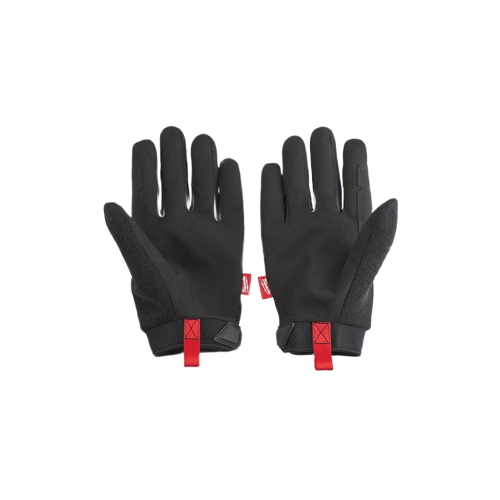 Pair of large black performance work gloves with red pull tabs in safety and home improvement collections