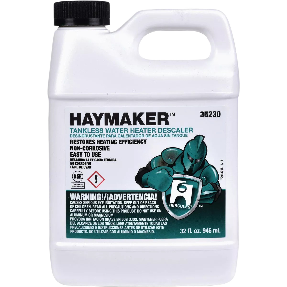 White plastic container of 32 oz. tankless water heater descaler with black cap and Hercules brand label