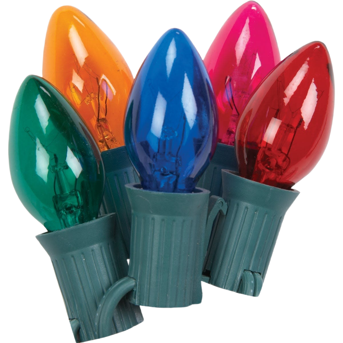 Colorful incandescent C7 light bulbs with green bases, suitable for festive home improvement and decoration projects