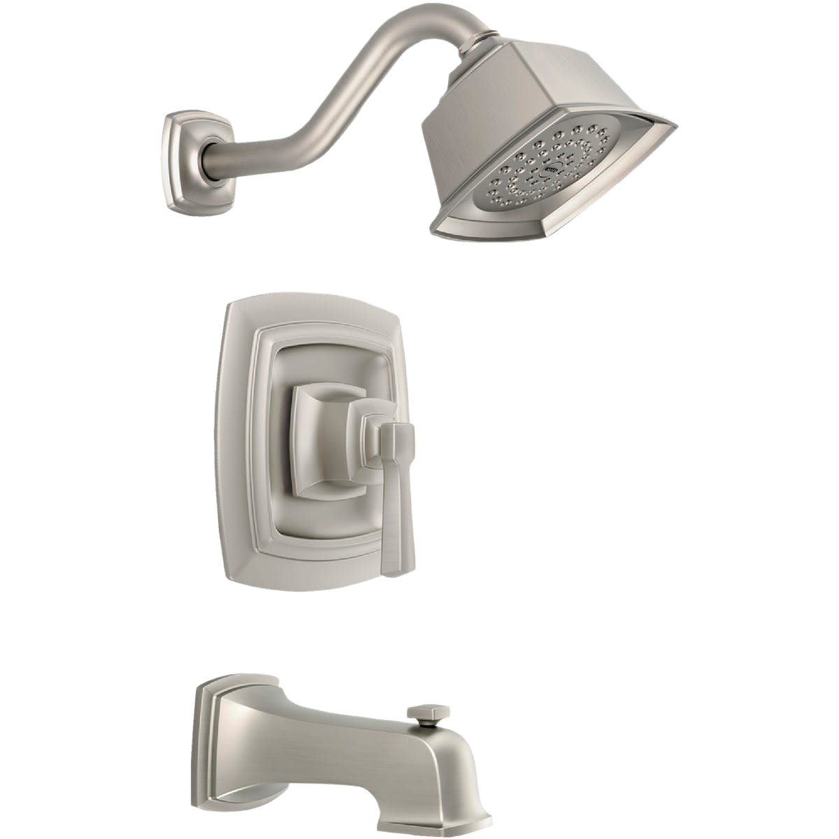 Brushed nickel showerhead, lever handle valve, and tub spout trim for bathroom and plumbing fixtures collections