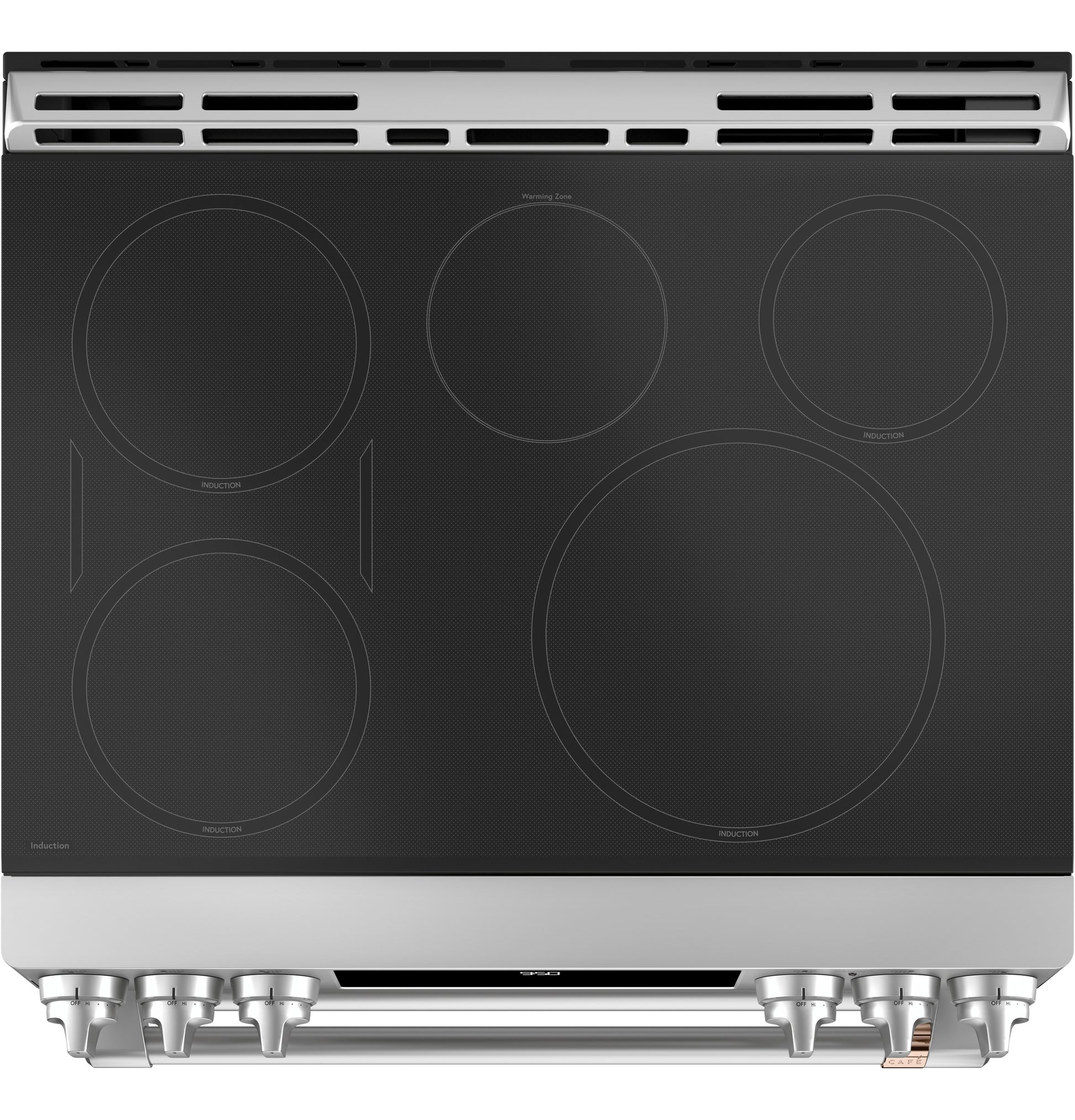 Black induction cooktop with five cooking zones and stainless steel front control knobs from modern kitchen ranges collection