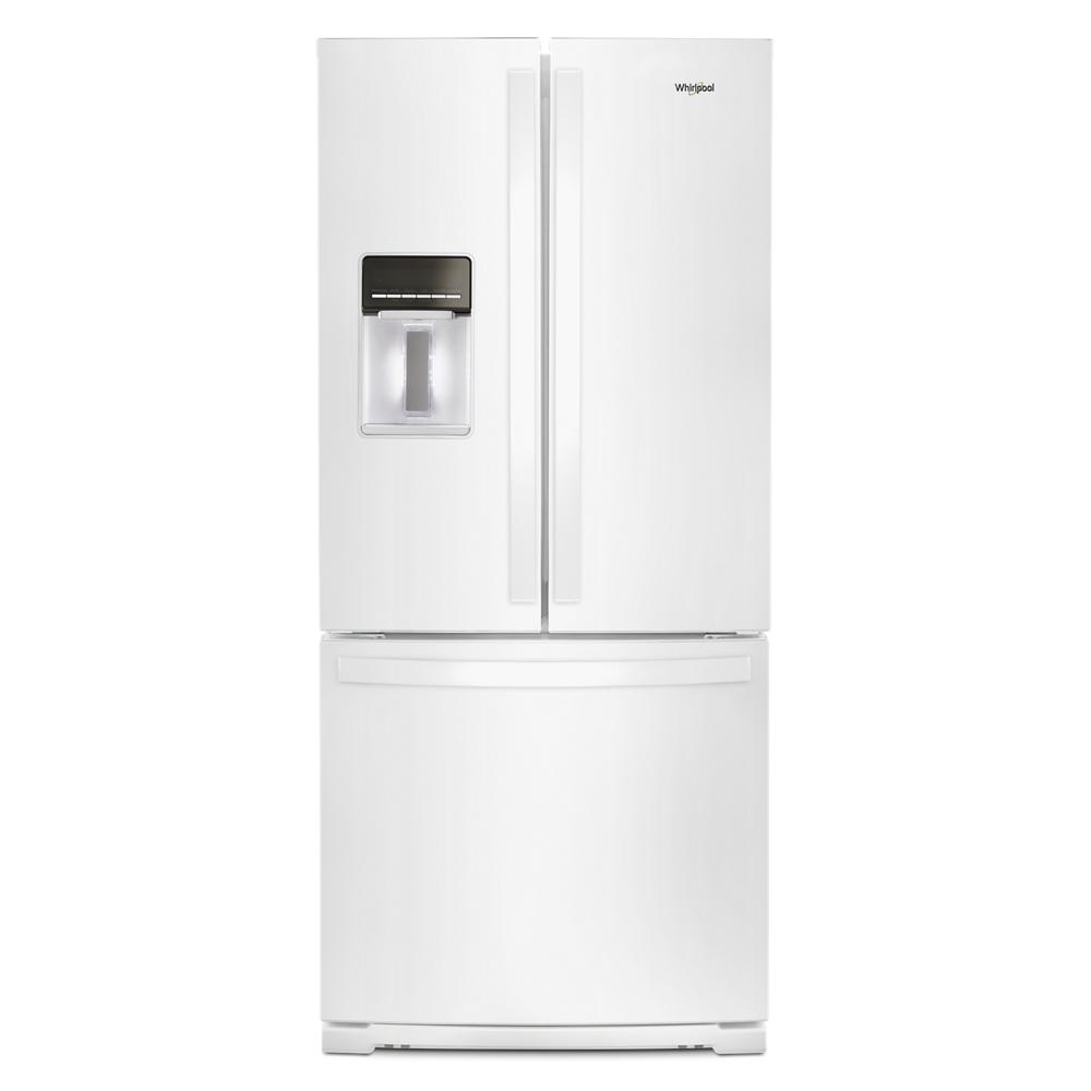 White 30-inch wide French door refrigerator with bottom freezer and external water dispenser from kitchen appliances collection