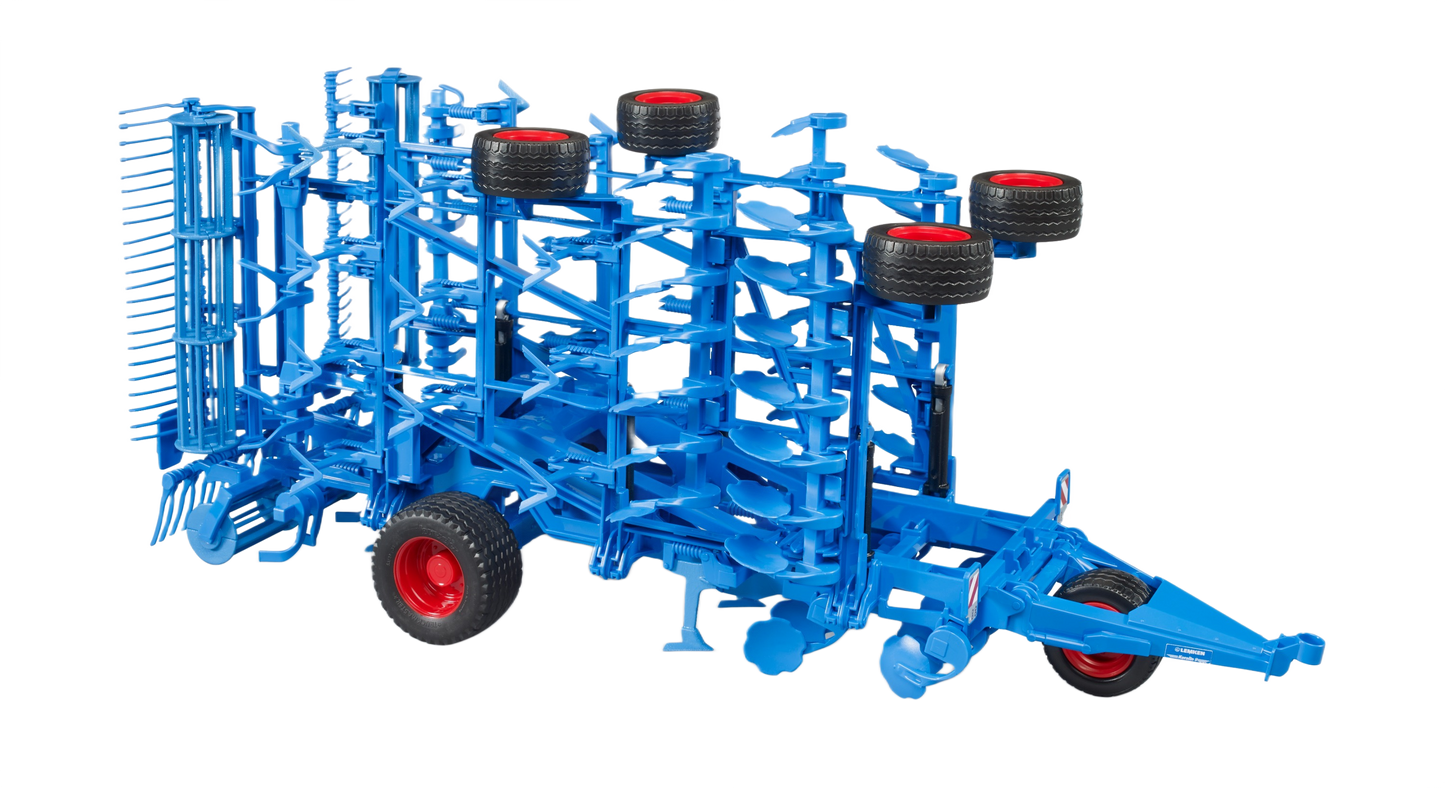 Blue heavy-duty cultivator implement with multiple wheels and curved tines for tools and home improvement use
