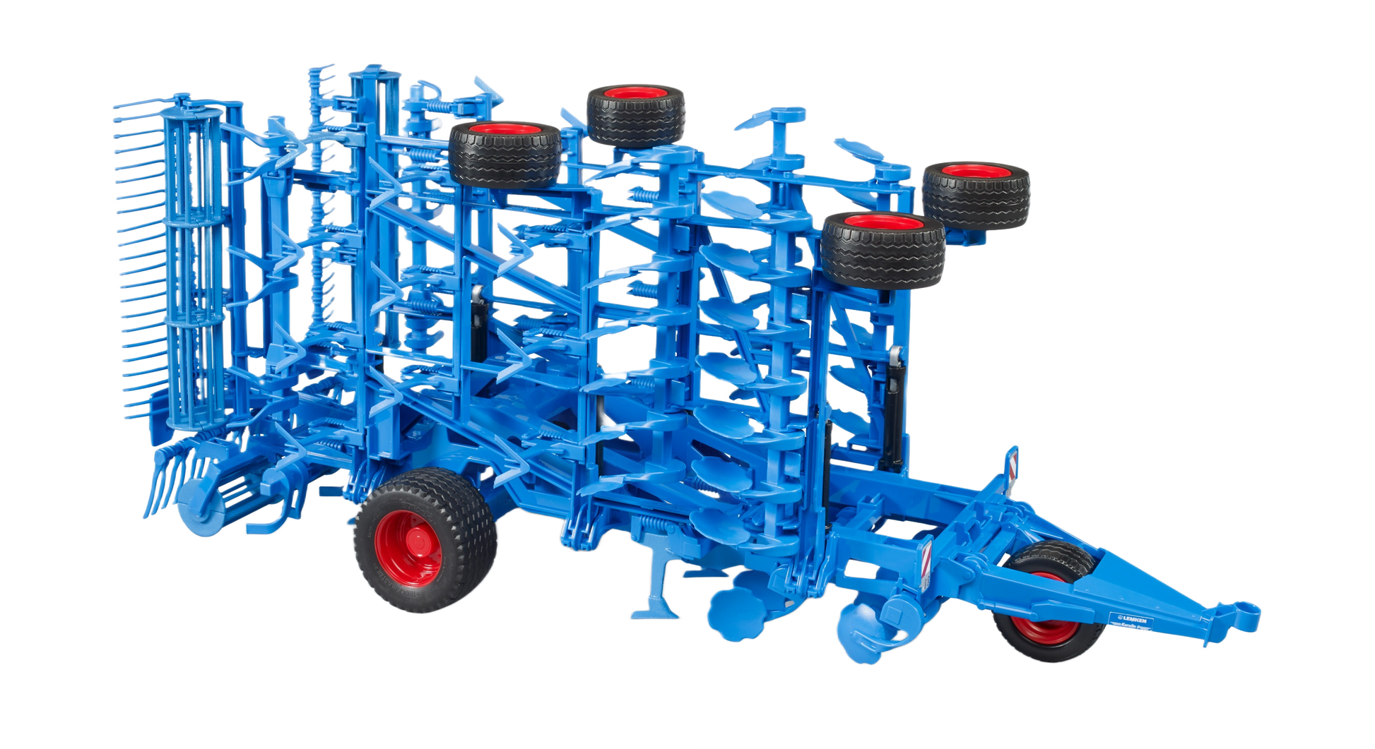 Blue heavy-duty cultivator implement with multiple wheels and curved tines for tools and home improvement use