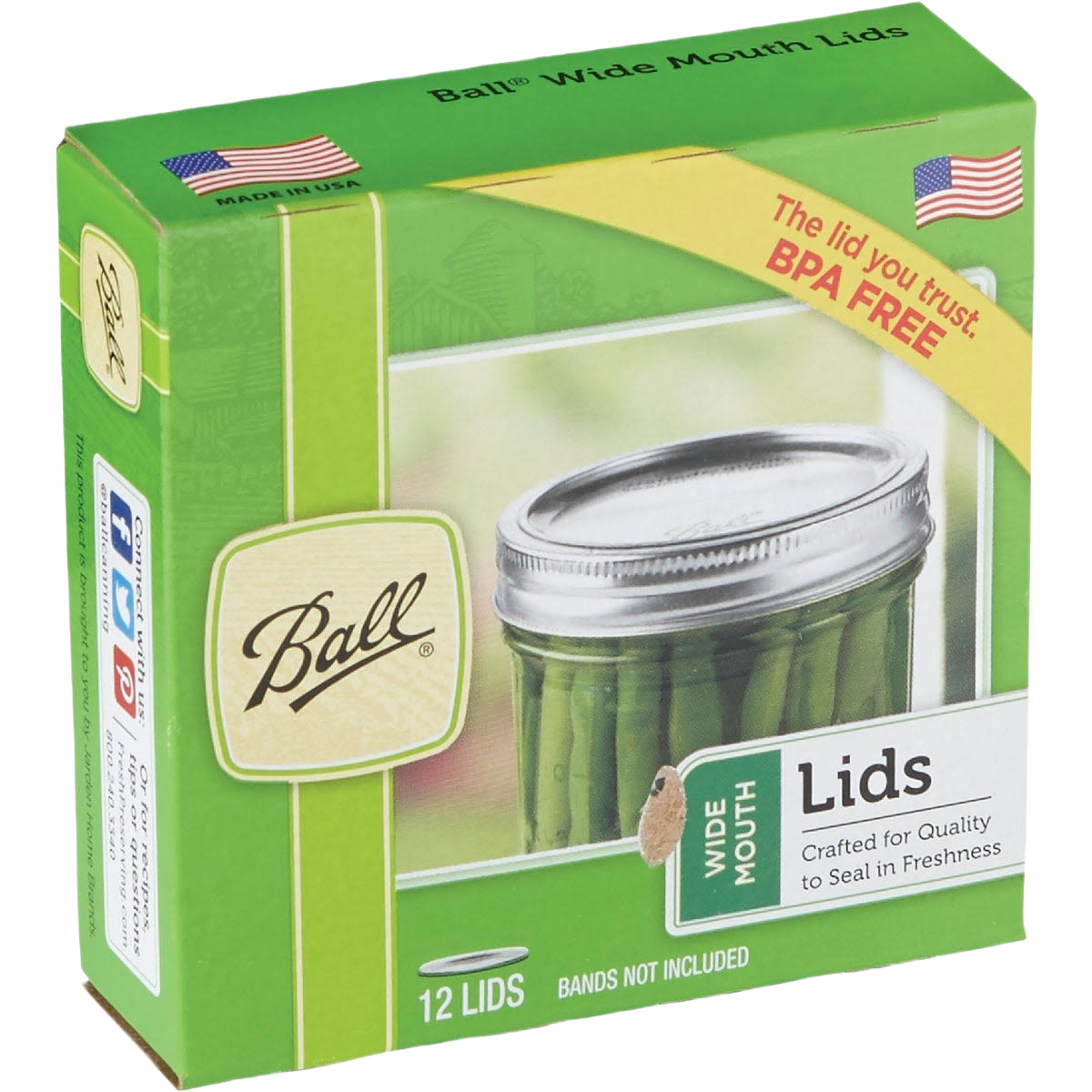 Green packaging of Ball wide mouth dome canning lids 12-pack, kitchenware product for food preservation tasks