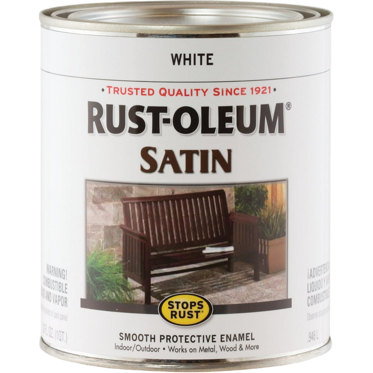 White satin protective enamel paint can for home improvement with rust-preventive finish
