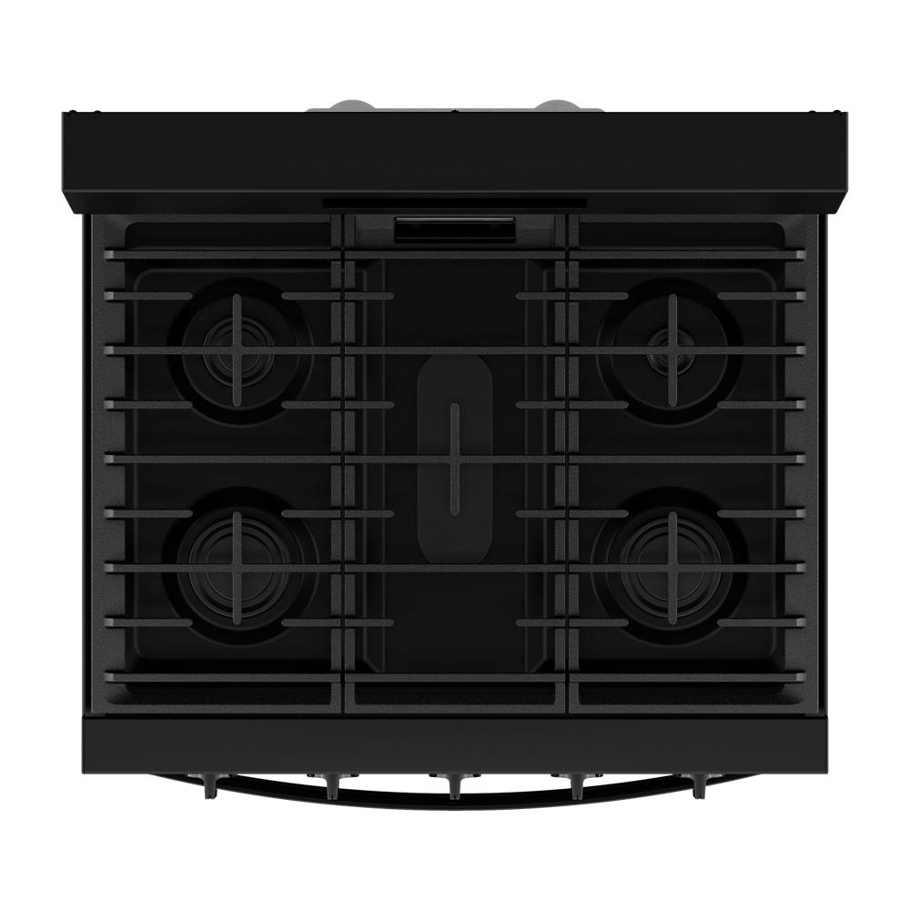 Top view of a black 30-inch gas range with four burners and continuous grates in kitchen appliances collection