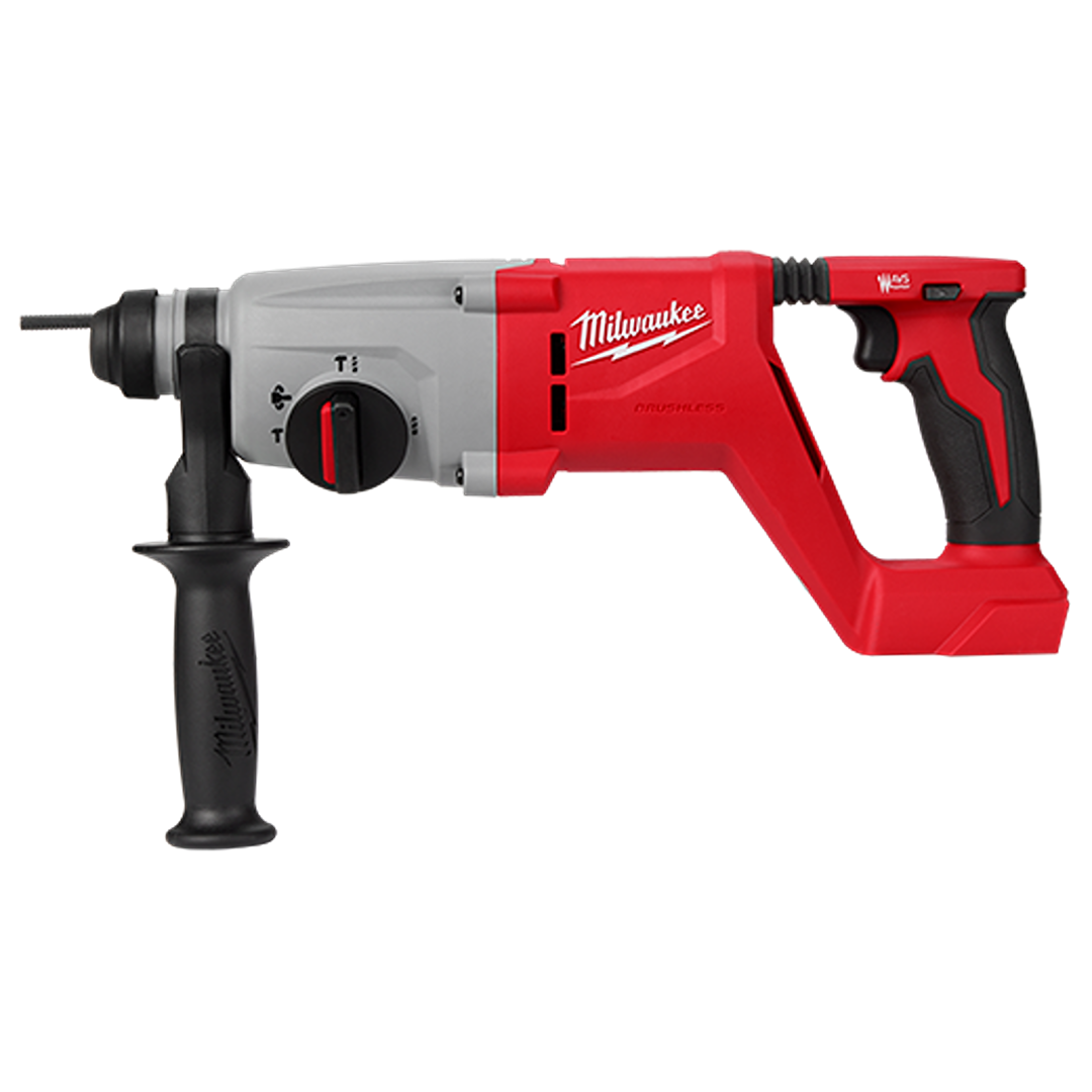 Red and gray brushless rotary hammer drill with black ergonomic handles for tools and home improvement tasks