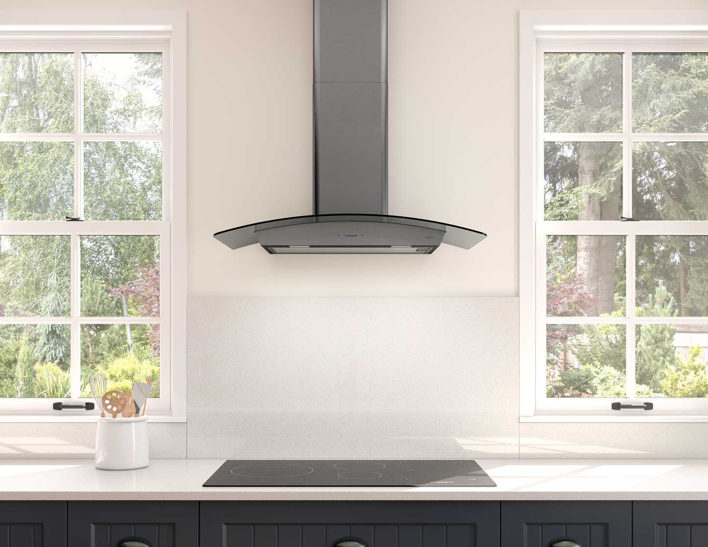 Black stainless steel chimney hood with curved glass canopy installed above cooktop in bright kitchen setting from range hoods collection