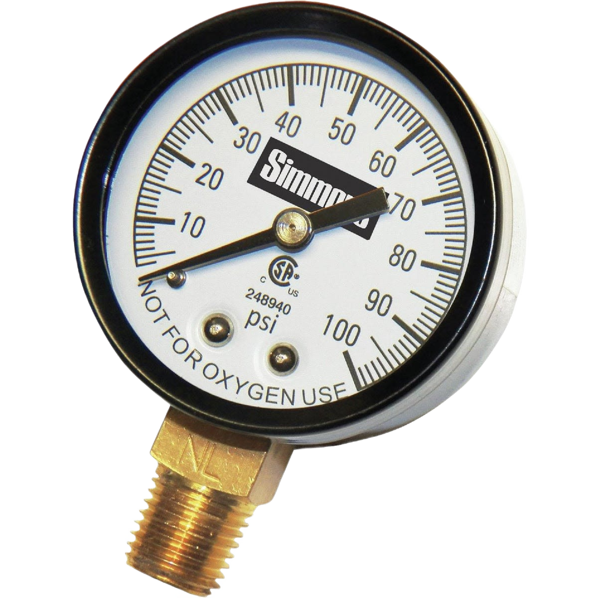 Round pressure gauge with brass threaded base, black bezel, and white dial marked up to 100 PSI for tools use