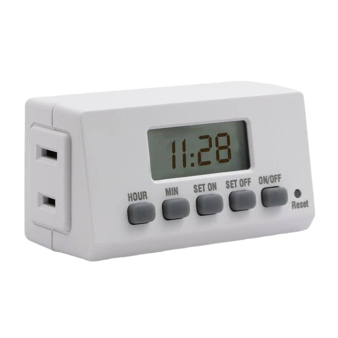 Compact white digital timer with LCD display and control buttons for easy indoor electrical use under $50 collections