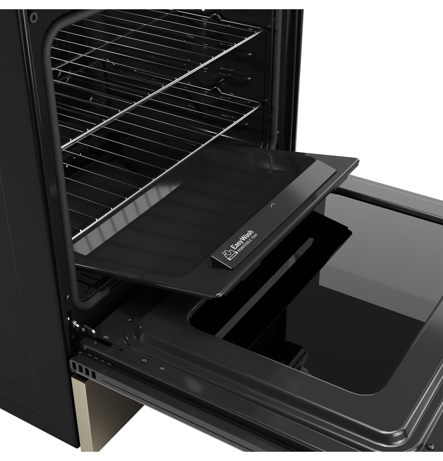 Open black gas range oven with EasyWash™ removable tray inside, shown in kitchen appliance setting