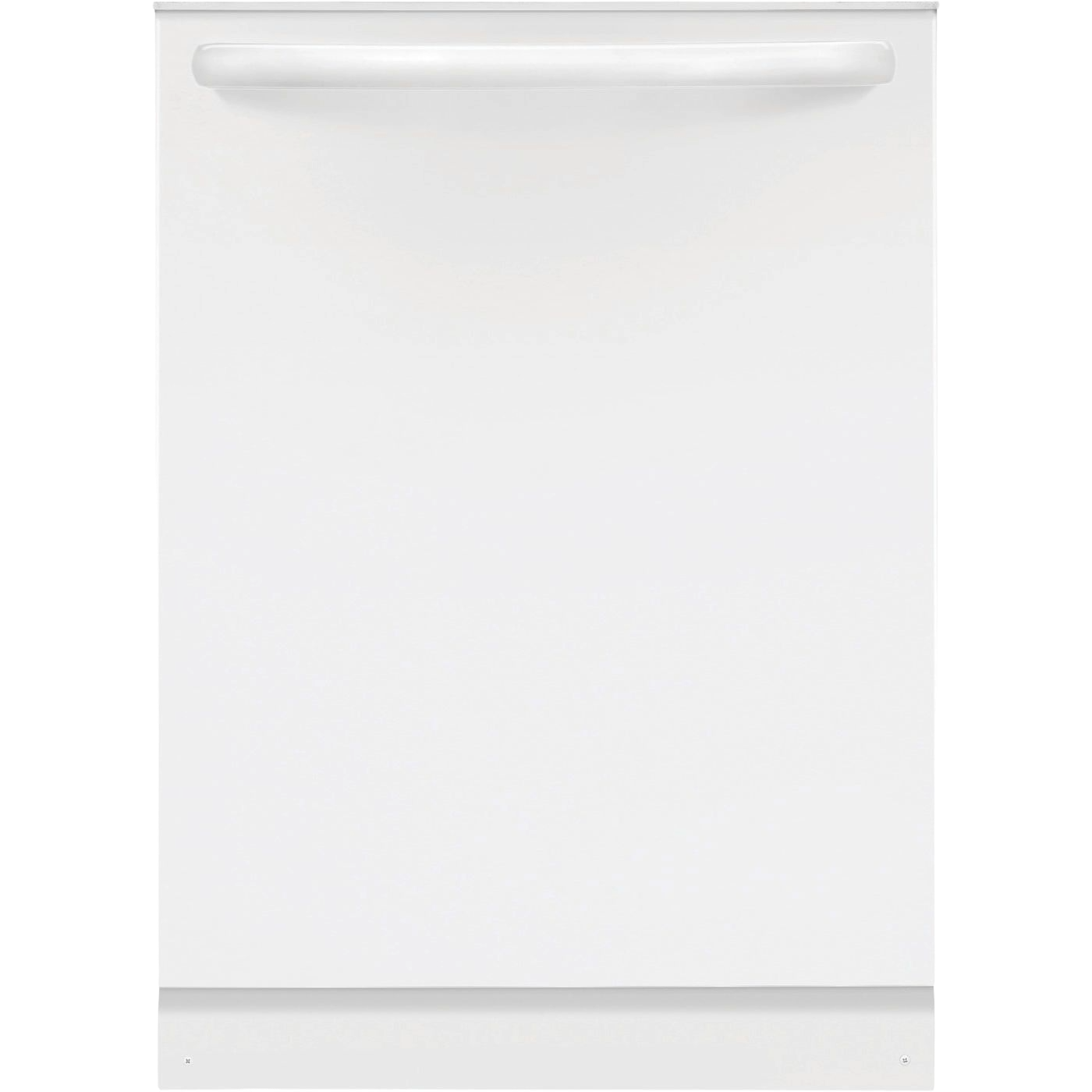 White built-in dishwasher with sleek handle for modern kitchen appliances and home improvement collections