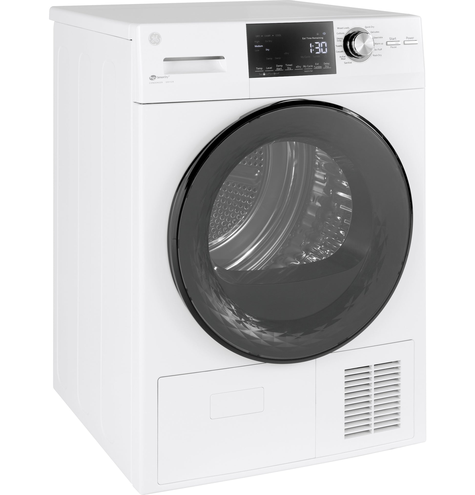 White front-load ventless condenser electric dryer with digital control panel and stainless steel drum in appliances collection