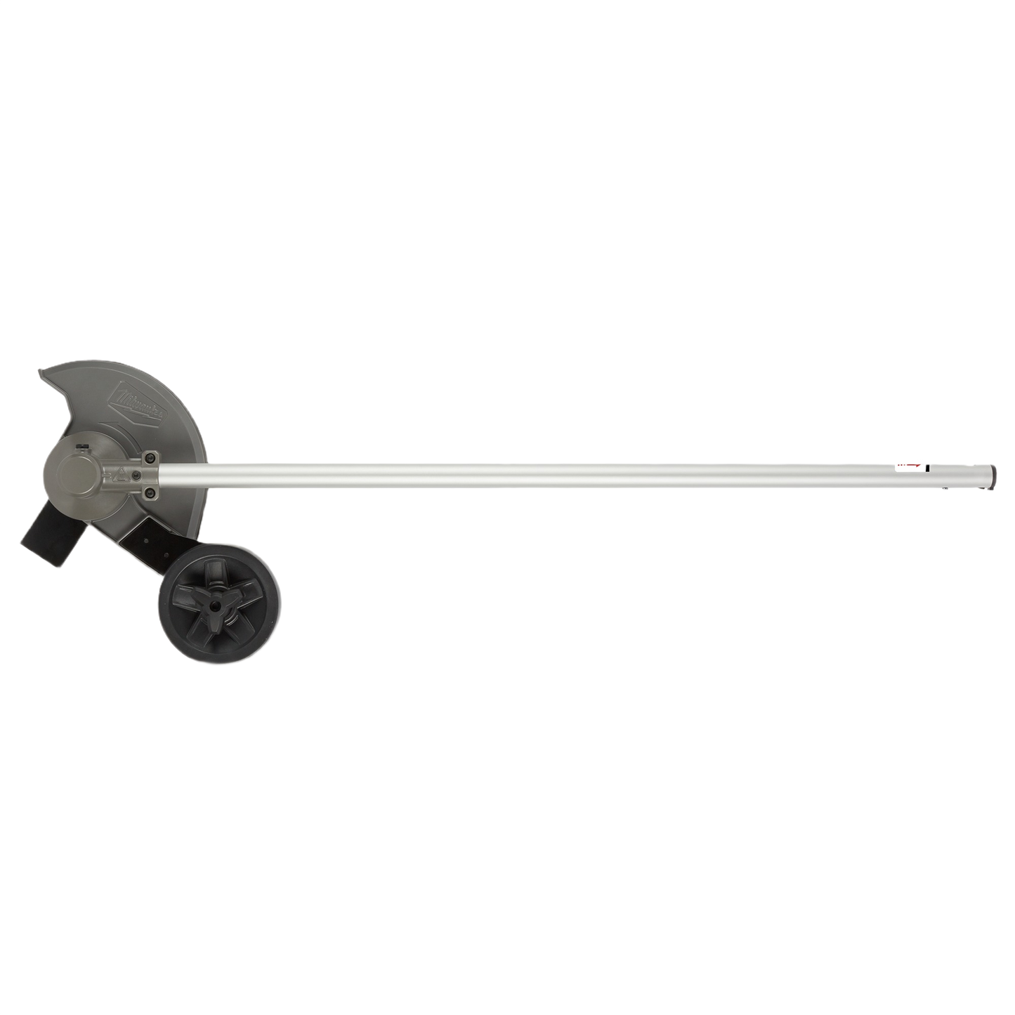 Long metal edger attachment with protective guard and wheel, designed for landscaping and home improvement tools.