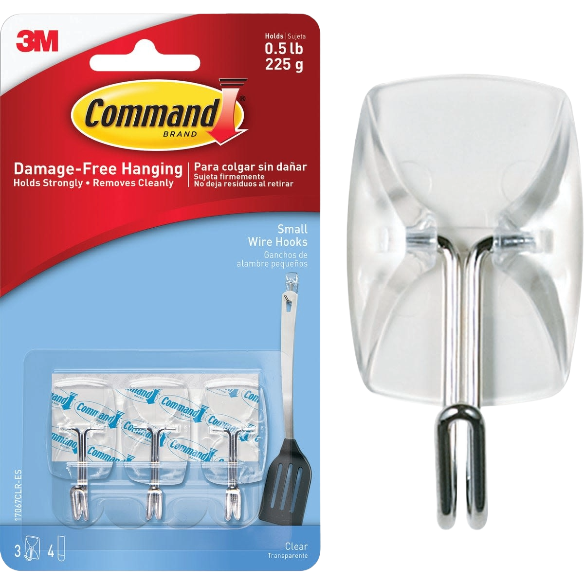 3 clear small wire adhesive hooks in retail packaging for damage-free hanging in hardware and home improvement use
