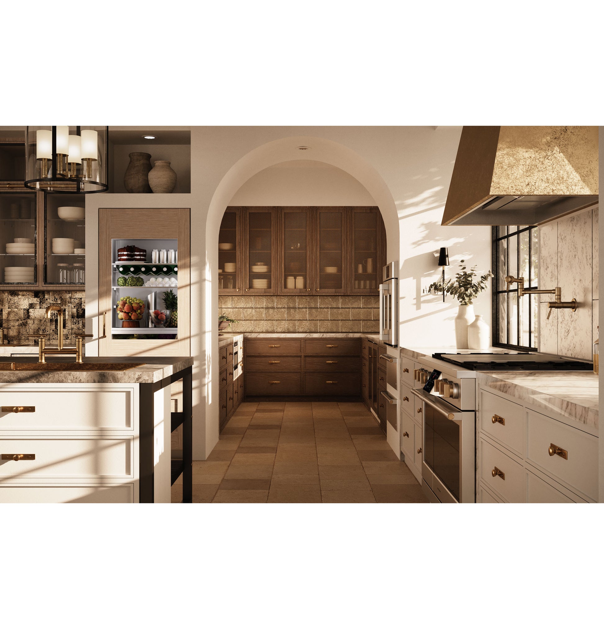 Elegant kitchen with custom brass hood, marble countertops, beige cabinetry, and built-in appliances in home improvement setting