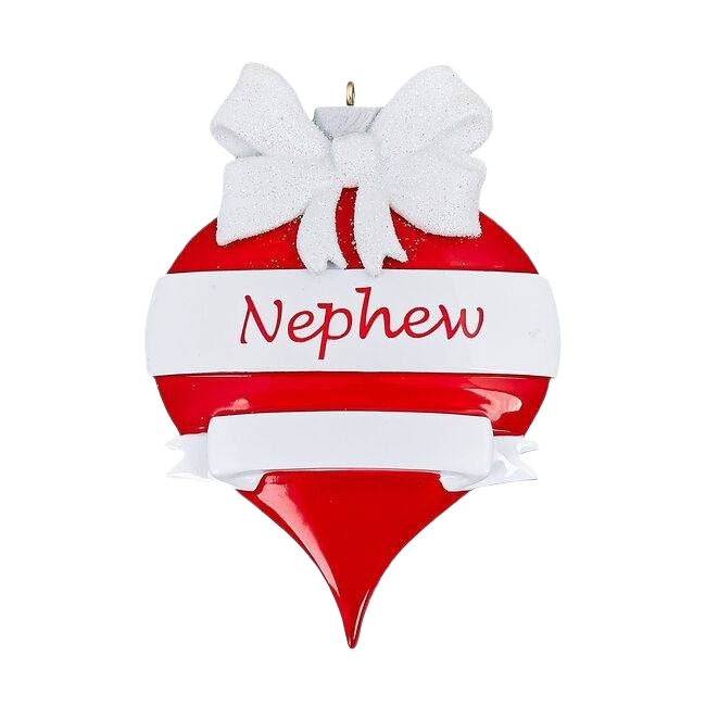 Red and white teardrop ornament with large bow and Nephew inscription, festive Christmas tree decoration under 50 dollars