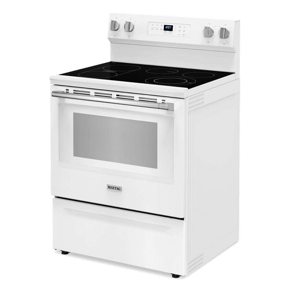 White 30-inch electric range with smooth black glass cooktop, control knobs, digital display, and large oven window from Ranges collection