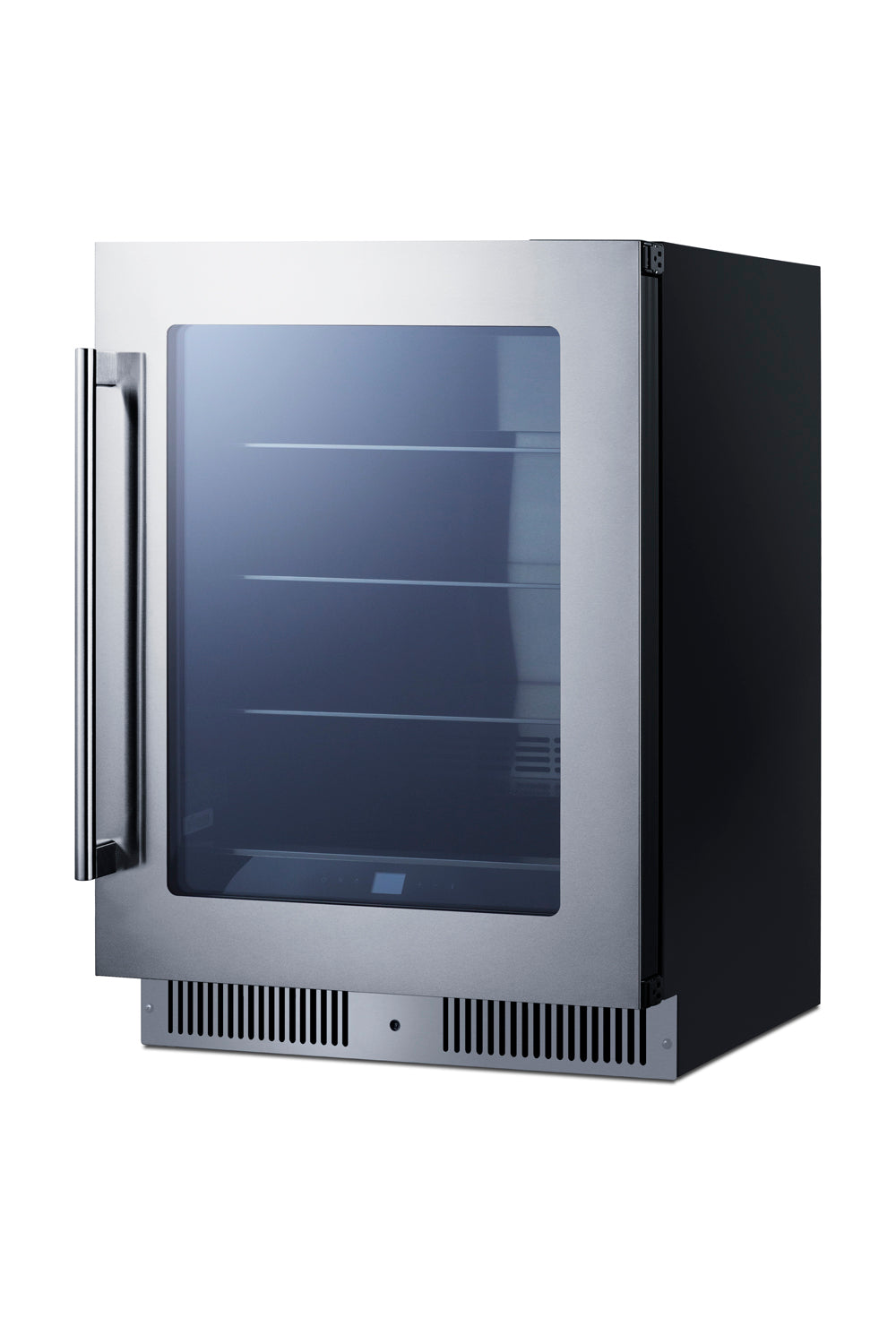 Compact built-in beverage cooler with stainless steel frame, glass door, and adjustable interior shelving for kitchen spaces