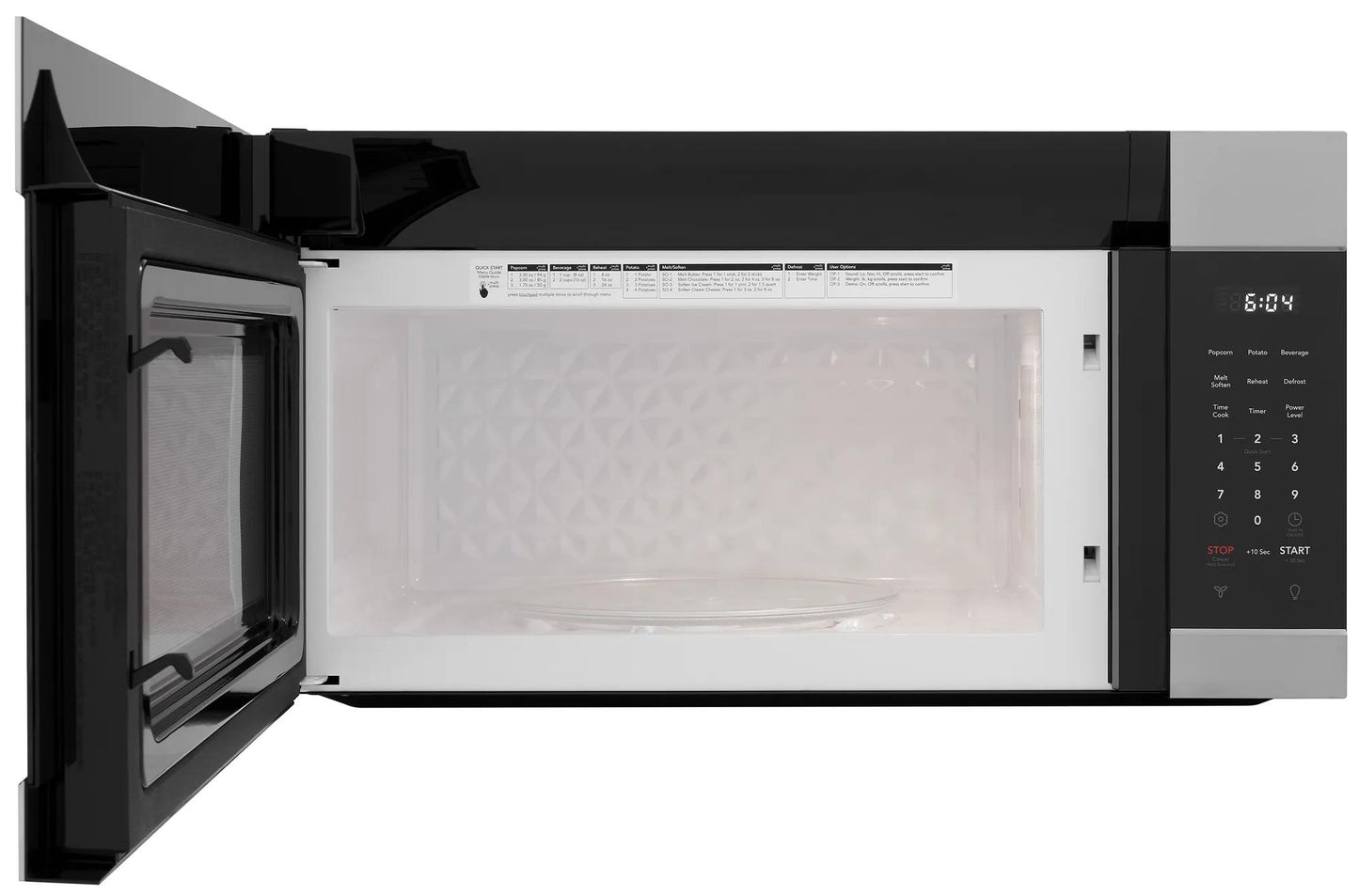 Black and stainless steel over-the-range microwave with open door and digital control panel from Microwaves collection