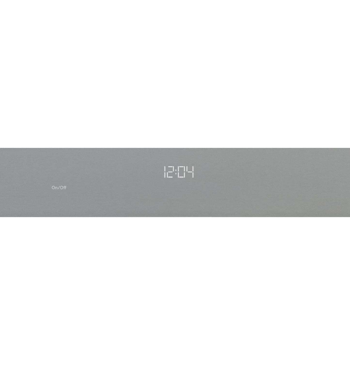 Digital control panel displaying time on a sleek stainless steel smart wall mount kitchen hood panel