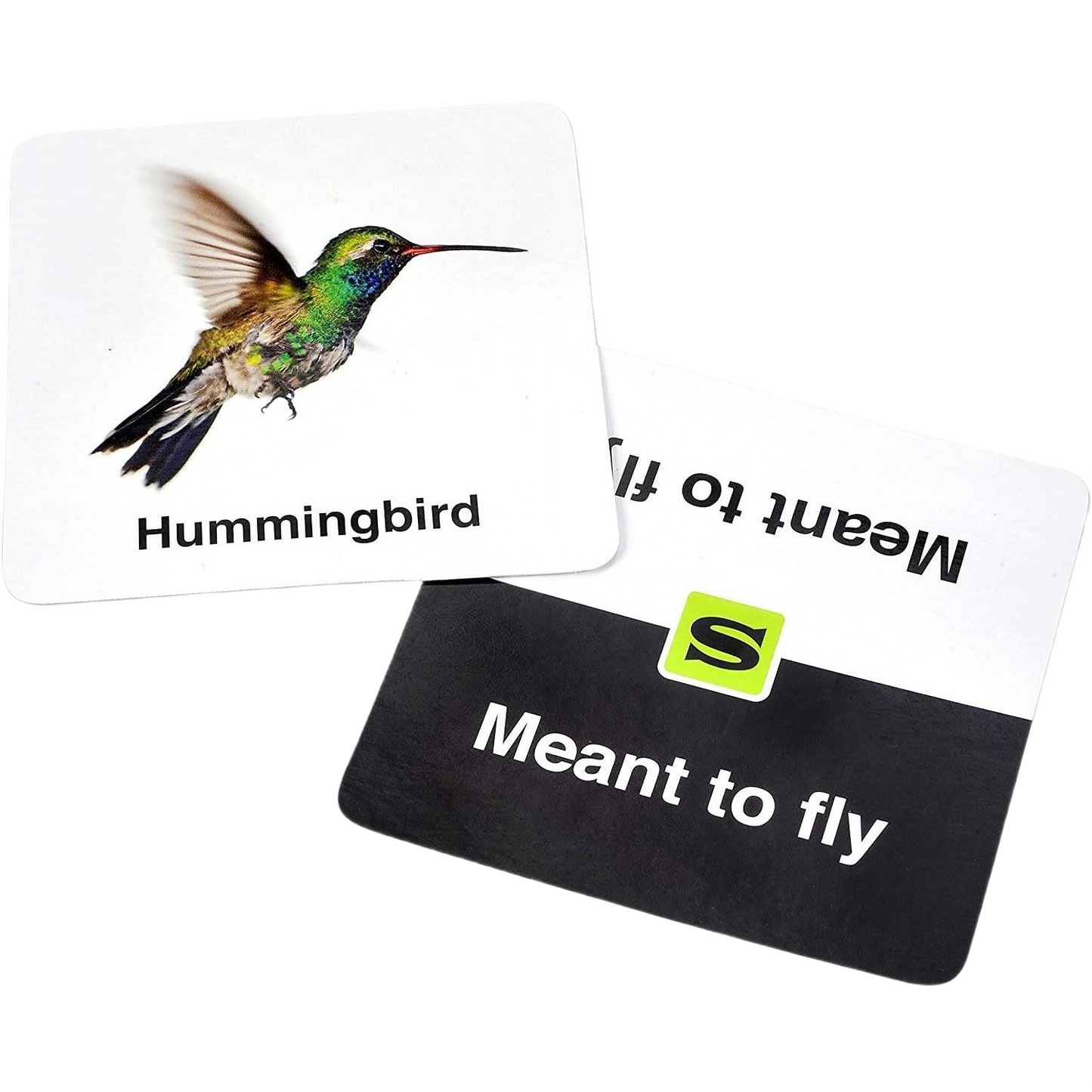 Two cards from a fast-paced matching game showing a hummingbird and the phrase "Meant to fly" in toys and games under $50 collections