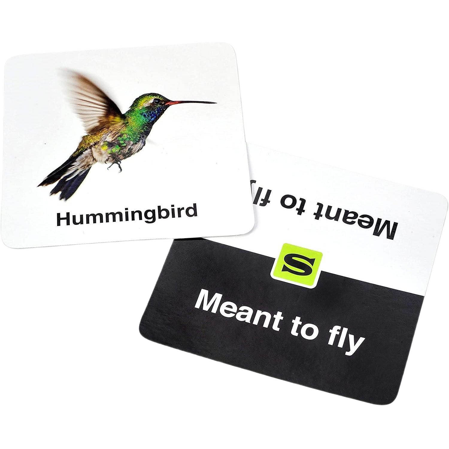 Two cards from a fast-paced matching game showing a hummingbird and the phrase "Meant to fly" in toys and games under $50 collections
