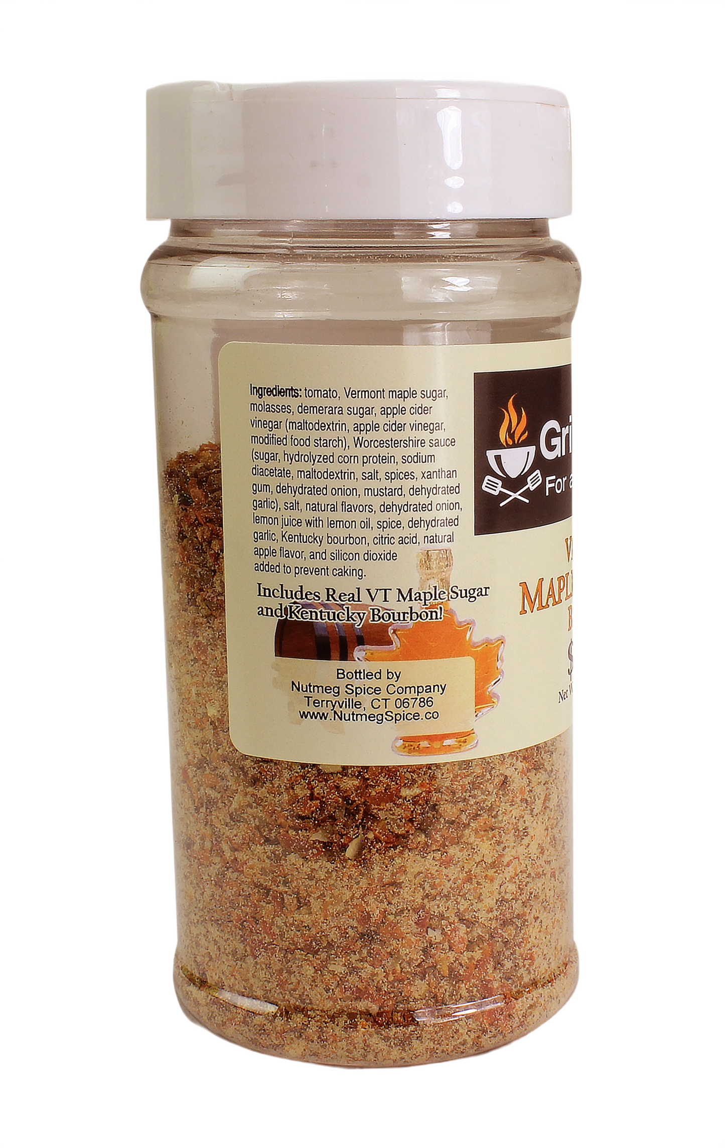 Clear plastic jar filled with maple bourbon flavored barbecue rub seasoning for grilling and cooking use