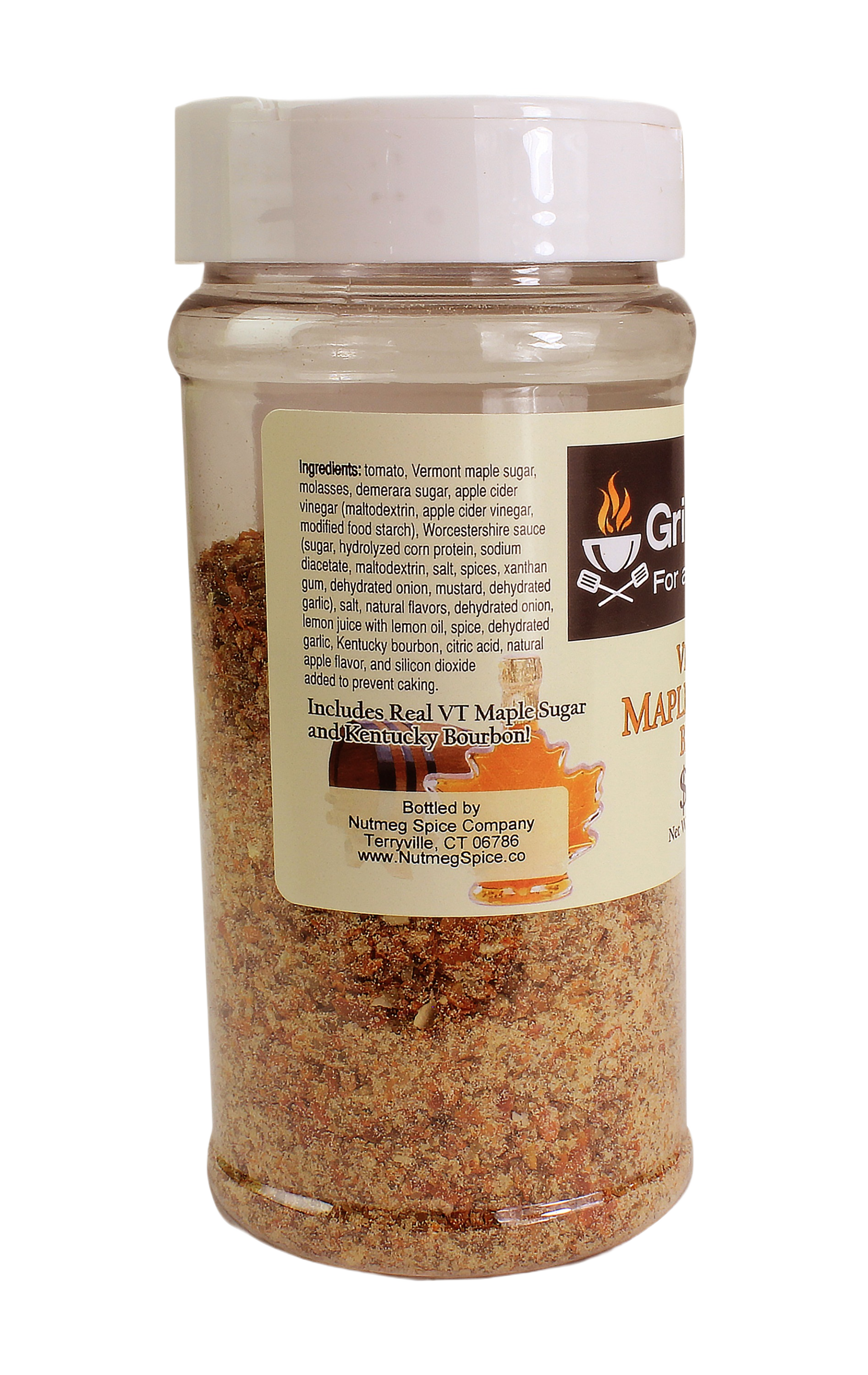 Clear plastic jar filled with maple bourbon flavored barbecue rub seasoning for grilling and cooking use