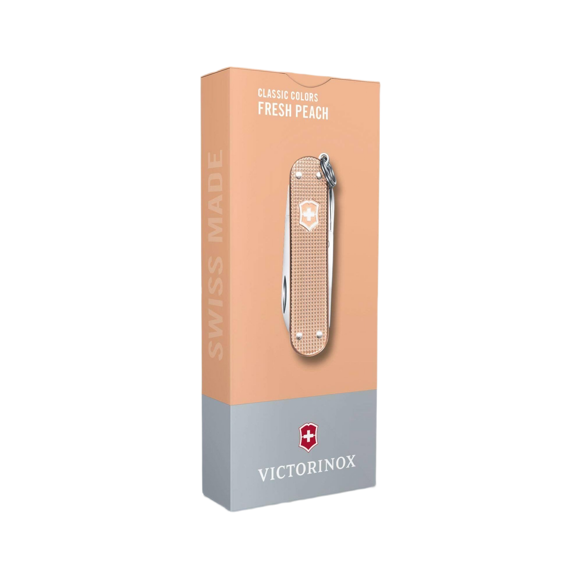 Victorinox pocket knife with fresh peach textured alox handle in retail packaging for tools and home improvement use
