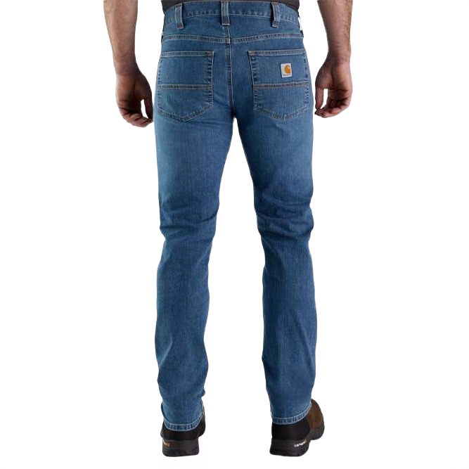 Rear view of men's medium blue tapered leg jeans in durable 12-ounce denim with flexible Rugged Flex stretch fabric
