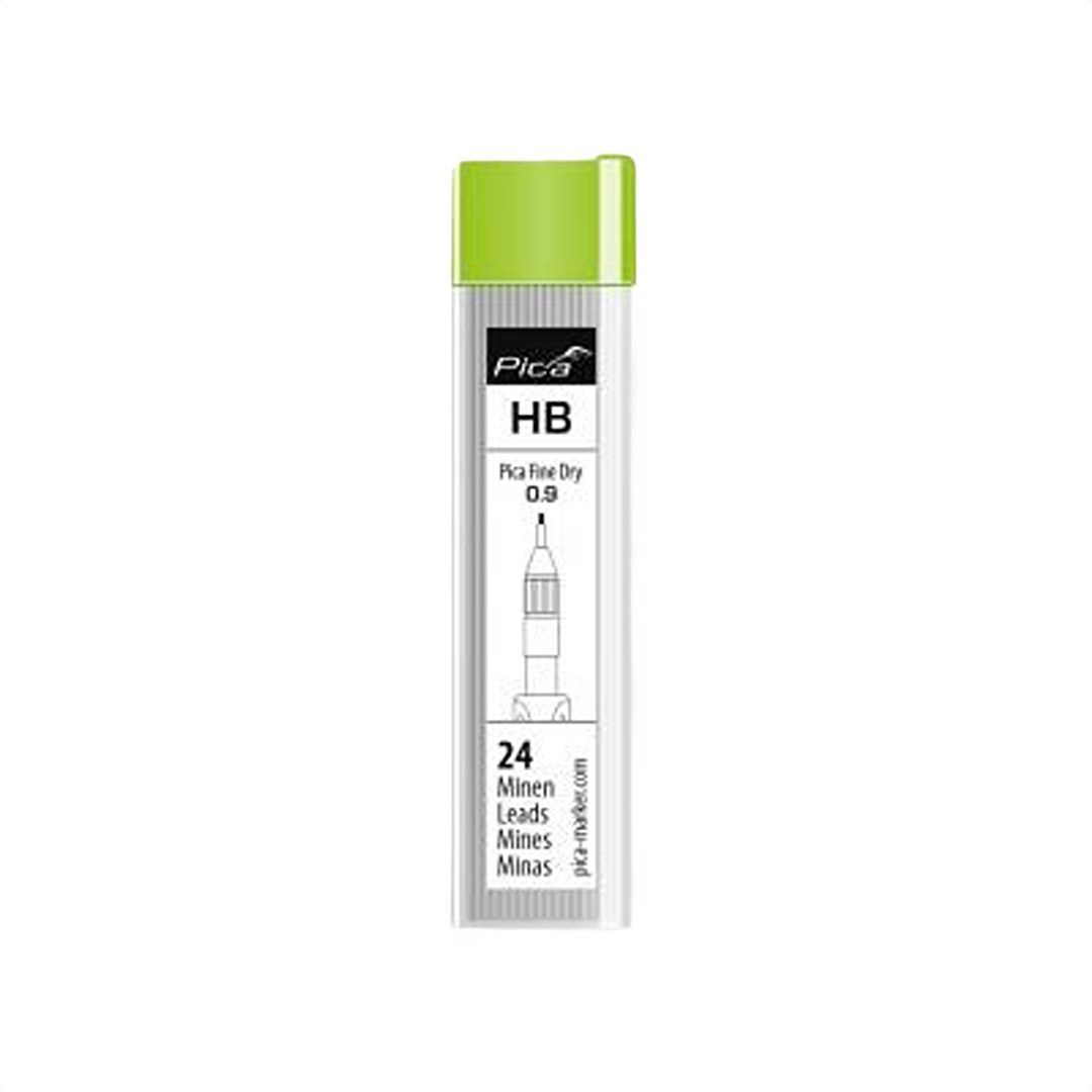 Clear container of HB 0.9 fine-dry graphite leads with green cap for precise marking in woodworking tools collections under $50