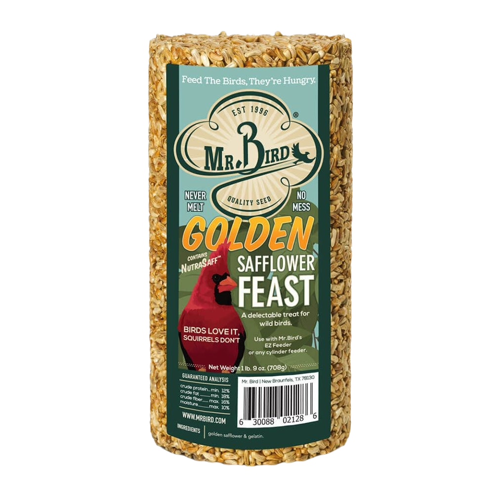 Cylindrical bird seed treat in clear packaging labeled golden safflower feast for wild bird feeding