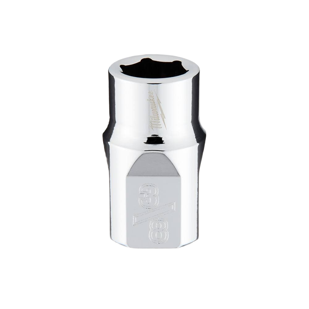 Chrome-finished 3/8" drive socket with FOUR FLAT™ sides for improved grip in hand tools and home improvement collections