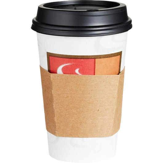 White disposable beverage cup with black lid and kraft paper sleeve for hot drinks in kitchenware collections