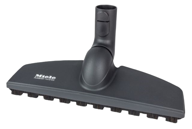 Black plastic floorhead with brush bristles and angled connector for parquet and hard floor cleaning tools and home improvement