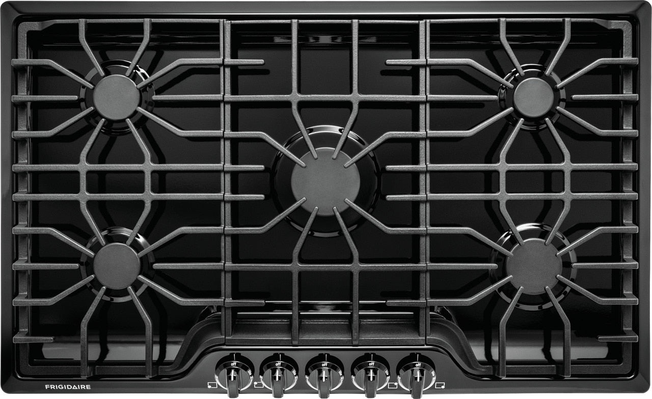 36-inch black gas cooktop with continuous light cast iron grates and sealed burners from cooktops collection