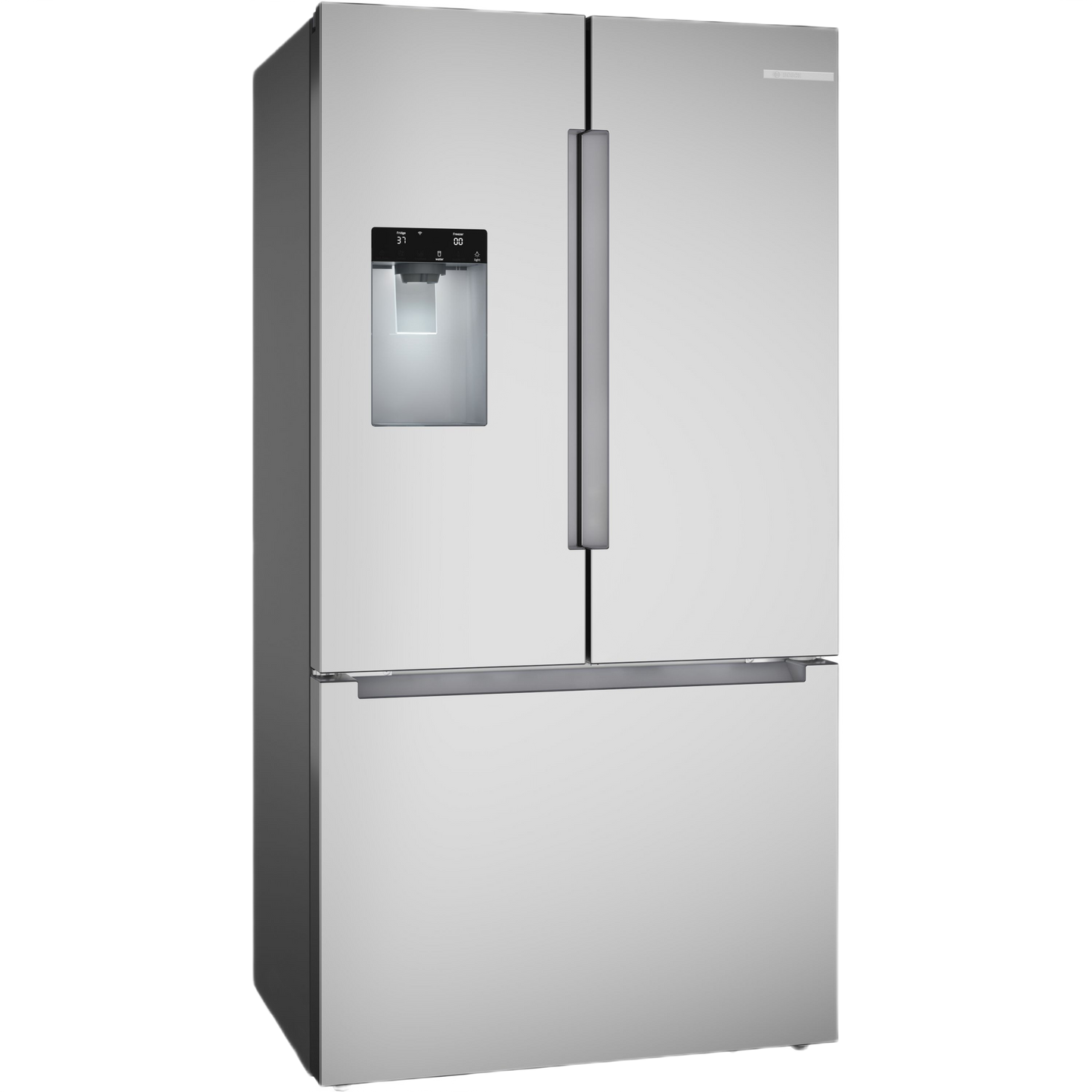 French door refrigerator in stainless steel with bottom freezer and built-in water dispenser in kitchen appliances collection