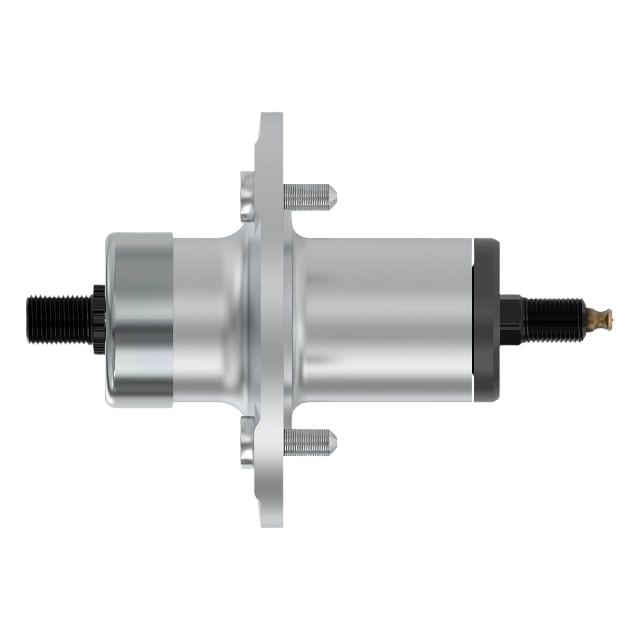 Silver metal mower blade spindle assembly with mounting studs and threaded shaft for tools and home improvement use