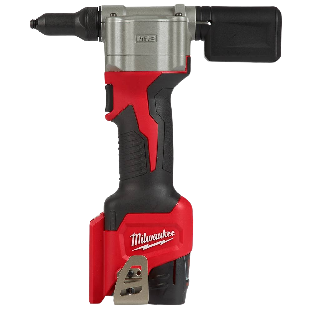 Cordless rivet tool with red and black ergonomic grip designed for home improvement and professional tool use tasks