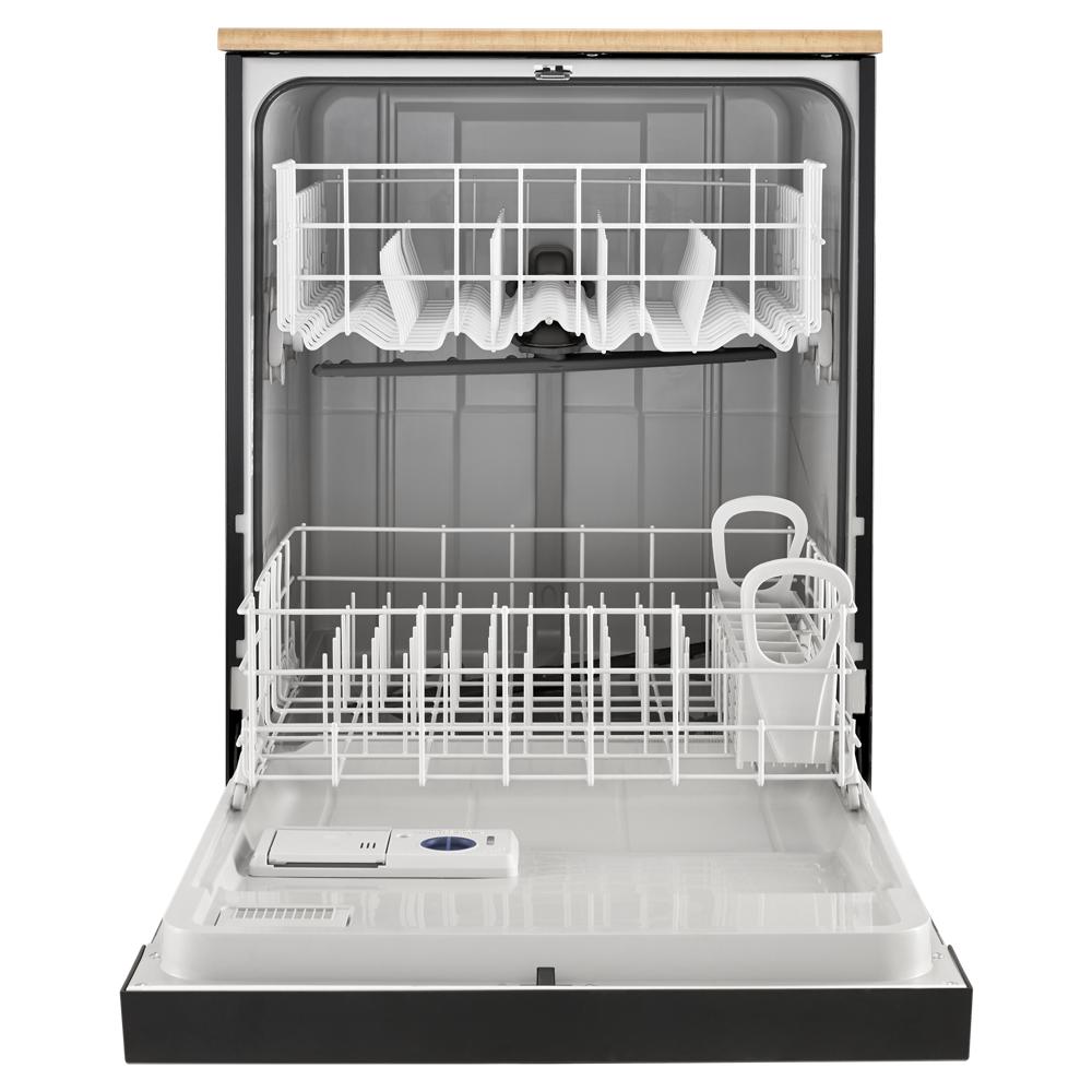 Open heavy-duty dishwasher interior with adjustable racks and utensil holders, part of modern kitchen appliances collection