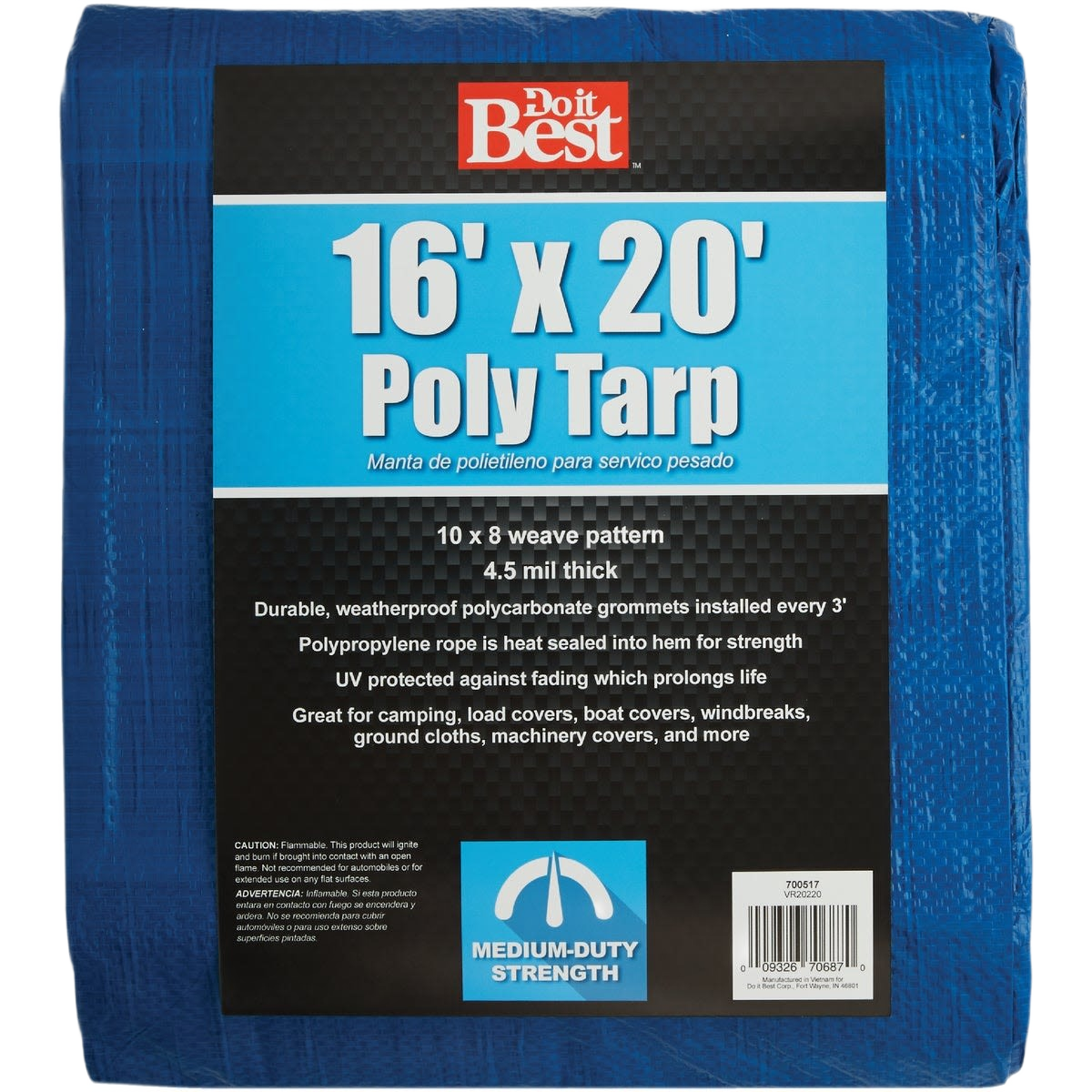 Blue medium-duty poly tarp with reinforced edges and weatherproof features for versatile home improvement and outdoor use